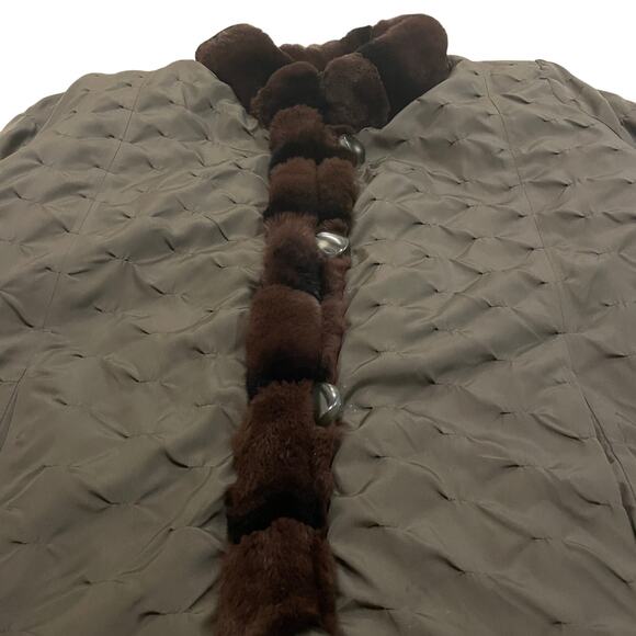 Reversible Rex Genuine Rabbit Fur Trim Coat XL | Chocolate Quilted & Taupe Nylon - Picture 12 of 13